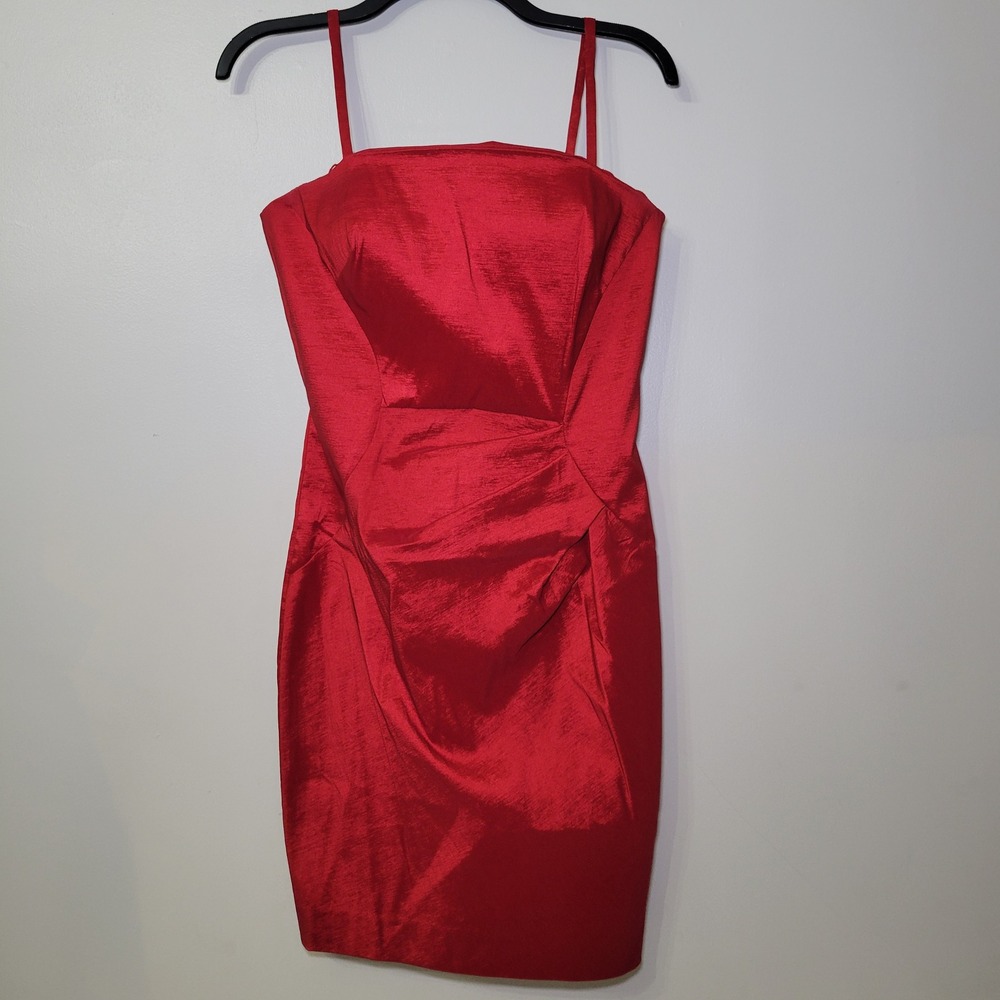 Calvin Klein Red Ruched Sheath Dress Women Size 6 Spaghetti Strap Mini Cocktail